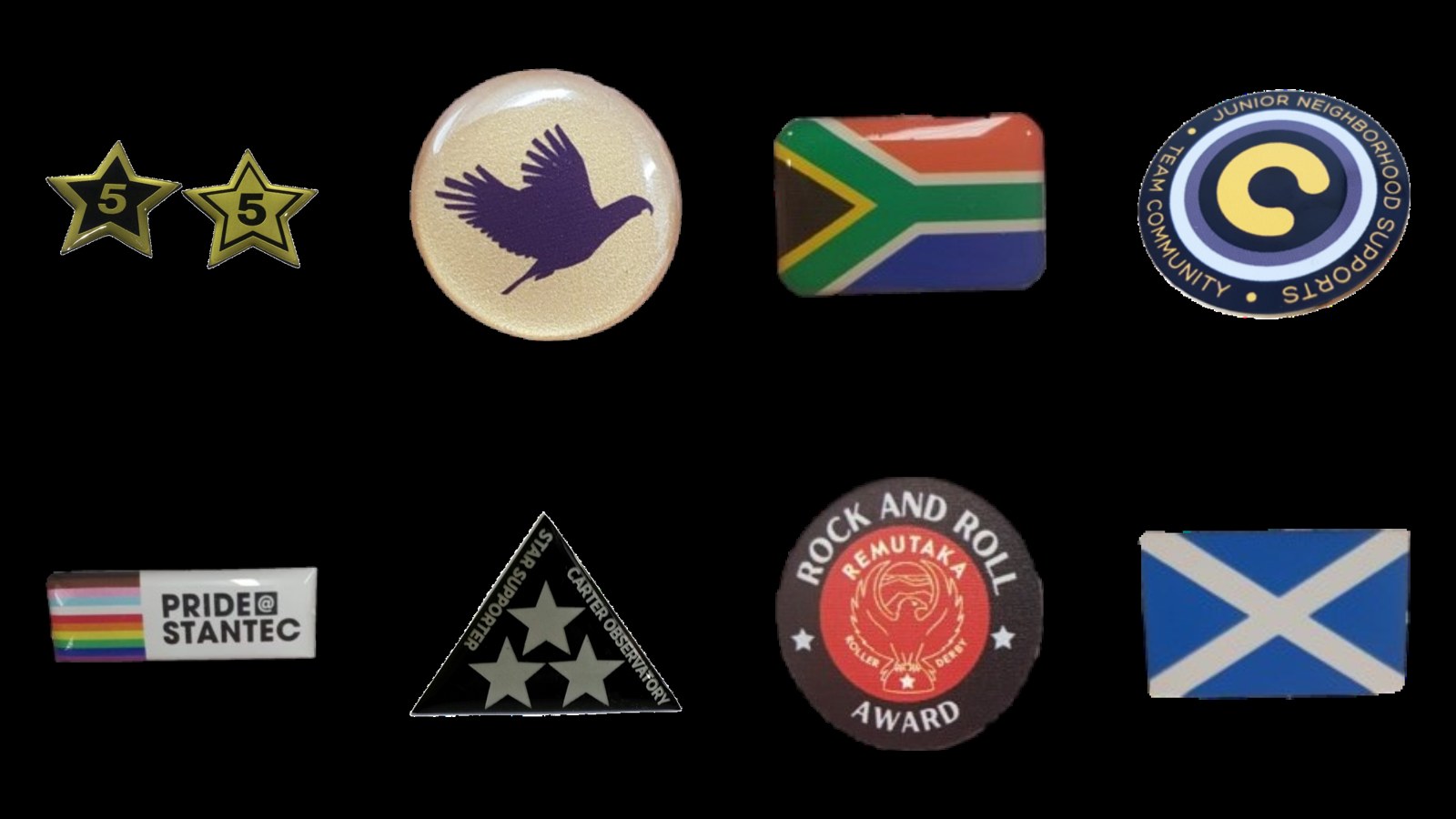 Custom printed lapel pins in round, star, flag, triangle and rectangle shapes with a glossy domed finish