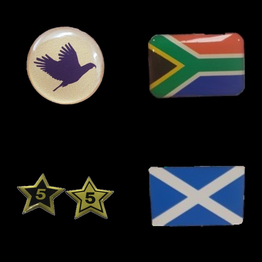 Domed lapel pins: round logo pin, flag pins and gold star pins