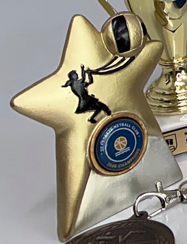 Gold star netball award with domed club logo