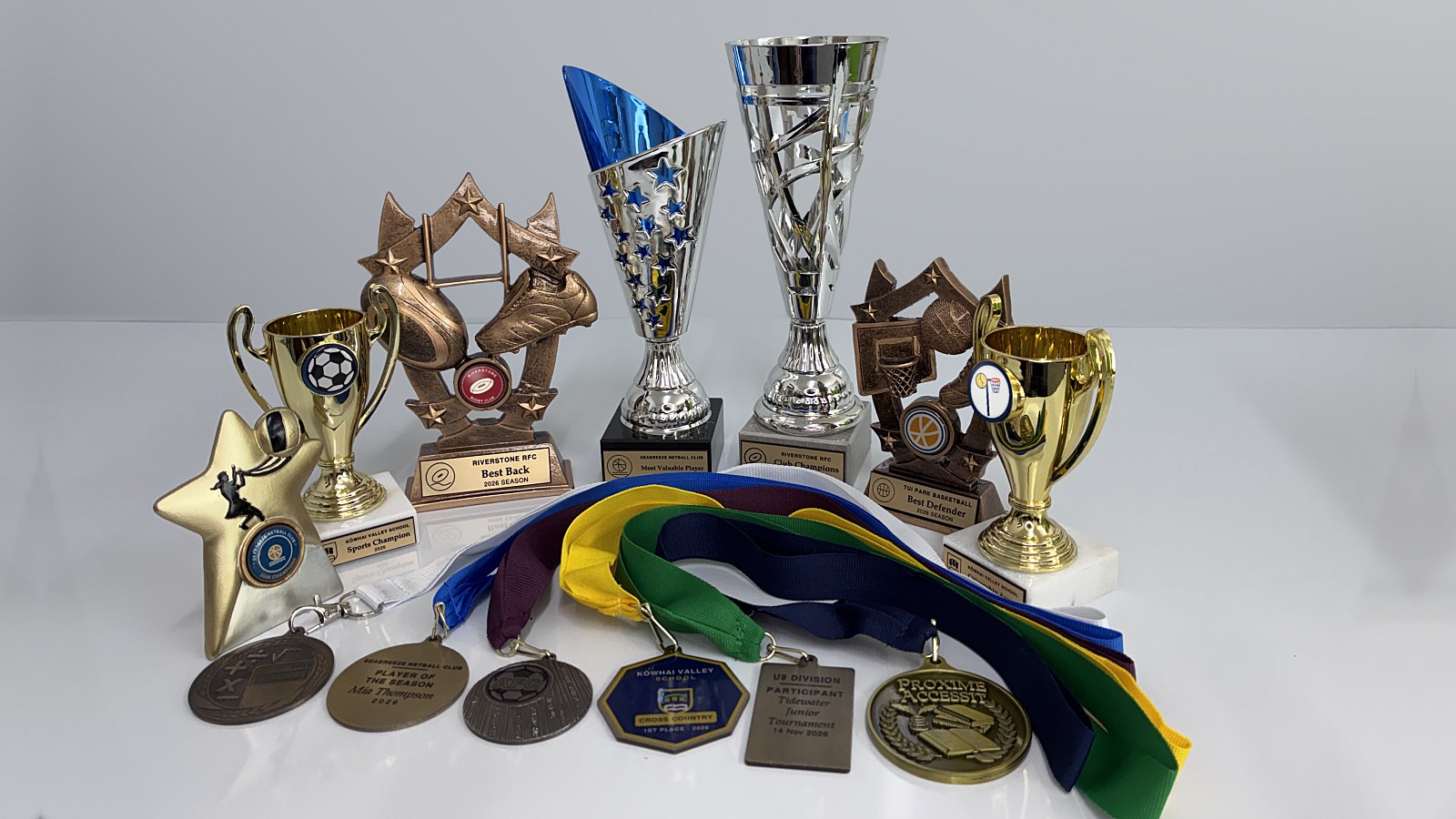 Badge King trophies, cups and custom medals with engraved plates and colour ribbons